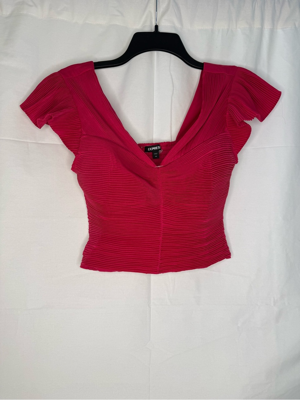 Express Pink Pleated Knit Cropped Blouse Short Flutter Sleeve XS